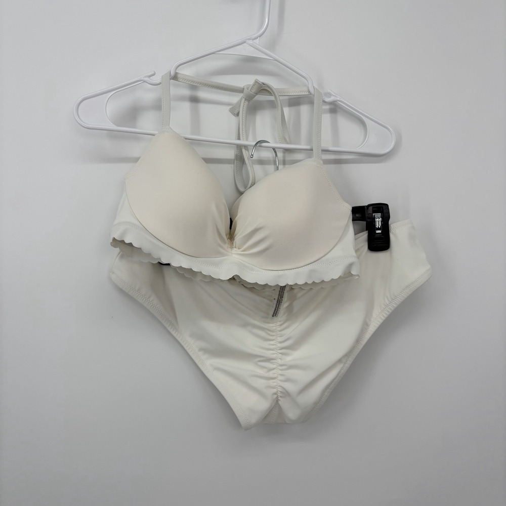 Victorias Secret White Ruffle Halter Bikini Top Size 34D Large Bottoms Swim Suit